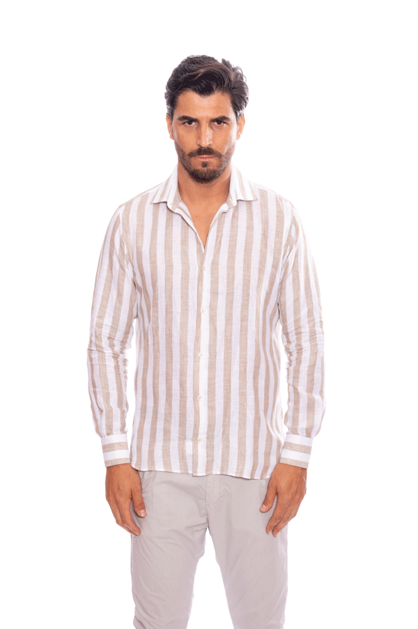 camicia lino righe beige e bianca fit slim